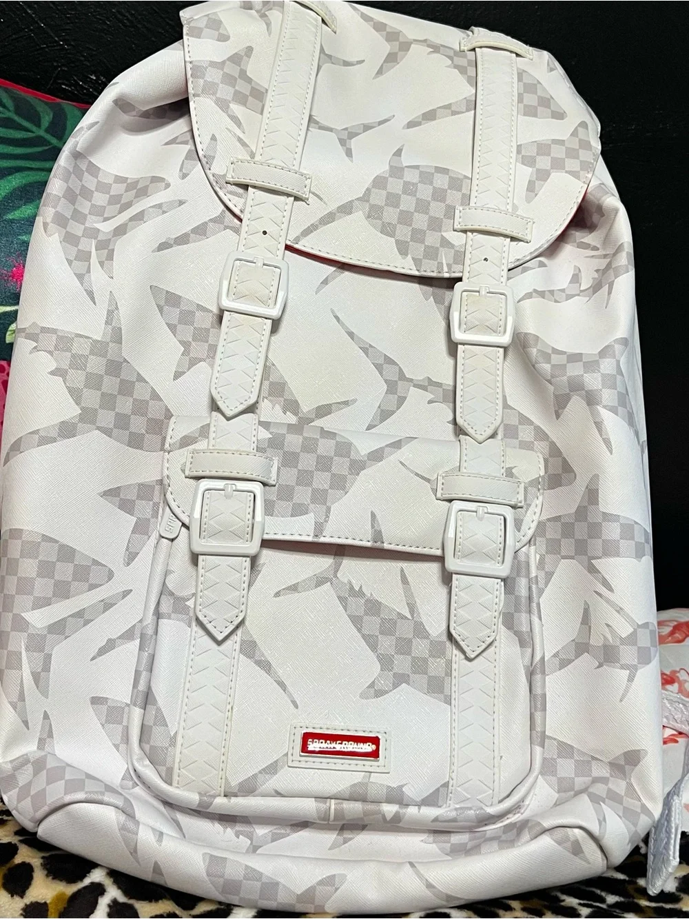 Sprayground White & Light Gray Camouflage Shark-Print Backpack